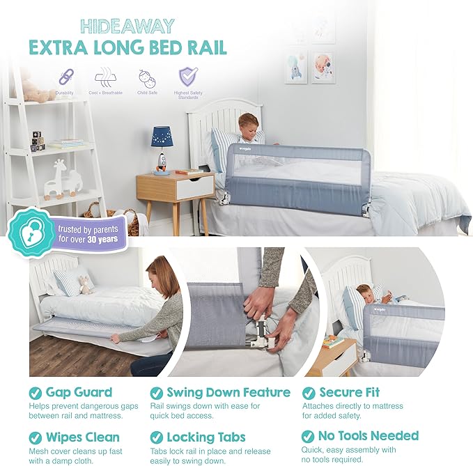Regalo Safety 54” Extra Long Hideaway Bed Rail Guard for Toddlers, Toddler Bed Rail with Reinforced Anchor Safety System, 20” Tall Bed Safety Rail, Fits Twin, Full & Queen Beds, Gray