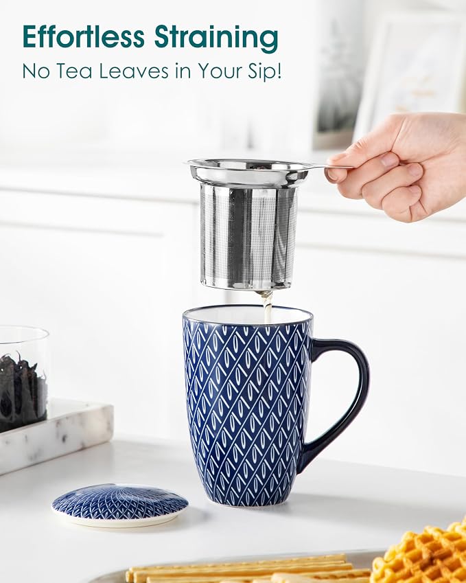 vancasso SELENE Porcelain Tea Mug, 18 oz Porcelain Tea Cup with Infuser and Lid Steeps Loose Leaf Tea, Microwave & Dishwasher Safe, Geometric Weave