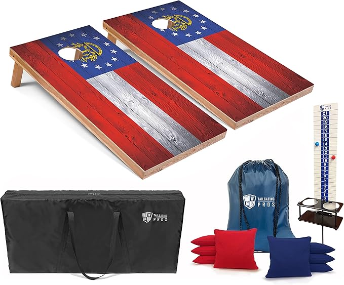 Tailgating Pros 4x2 Regulation Cornhole Boards Flag Set- Includes 8 Bean Bags, Carrying Cases, and Score Keeper - Optional LED Lights