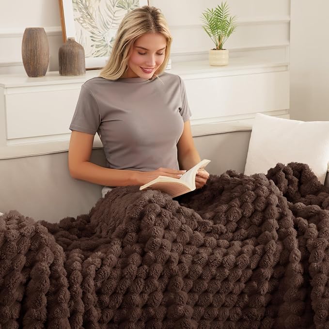 Whale Flotilla Soft Fleece Queen Size Bed Blanket Luxe 3D Jacquard, Coffee | Lightweight Breathable Coverlet Bedspread for All Seasons, Super Cozy Plush Fluffy Fuzzy Decorative Blanket for Bed, 90"x90"