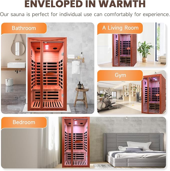 OUTEXER Far Infrared Sauna Home Sauna Spa Room for 1-2 Person Low-EMF Canadian Hemlock Wood 1550W Indoor Saunas with 7 Color Light 39.3 * 35.4 * 74.8Inch