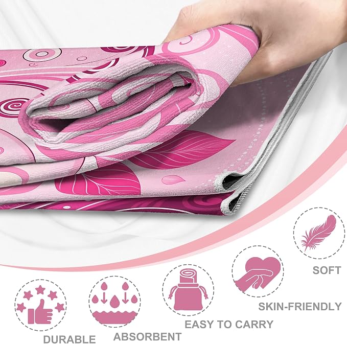 Hot Yoga Towel Non Slip, Ultra-Absorbent Yoga Mat Towel, Soft with Printed Design, Machine Washable, Yoga Pilates Towel Suitable for Exercise, Pilates, Yoga, 72x27in,Pink Plants