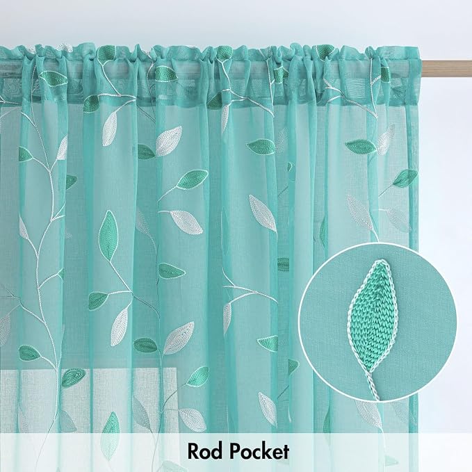 MIULEE Turquoise Sheer Curtains 2 Panels Embroidered Leaf Patterned Rod Pocket Floral Semi Sheer Faux Linen Window Curtains Drapes Set for Living Room Bedroom Dining Room, 52x84 Inches Long