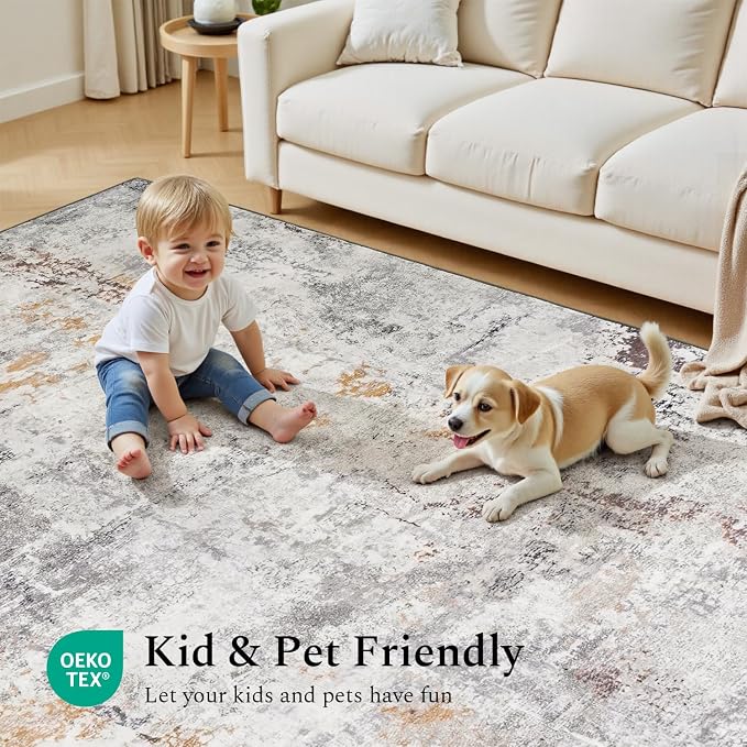 Rugflix 8x10 Area Rugs for Living Room, Washable Beige Grey Large Rug | Machine Washable; Stain-Resistant; Low Pile; Non-Slip; Modern Abstract; Carpet for Bedroom Dining Office Nursery Home