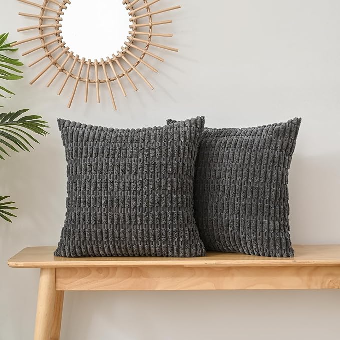 Volcanics Pack of 2 Corduroy Decorative Dark Grey Pillow Covers 18x18 | Soft Striped Square Cushion Cases, Modern Farmhouse Boho Home Decor