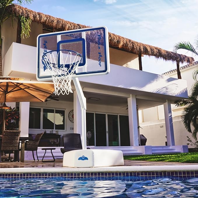 Dunn-Rite Splash & Shoot Outdoor Adjustable Height Swimming Pool Basketball Hoop w/Ball, Base, & 18 Inch Stainless Steel Rim for Adults & Kids, Choose Clear or White (Clear Xtreme Blue)