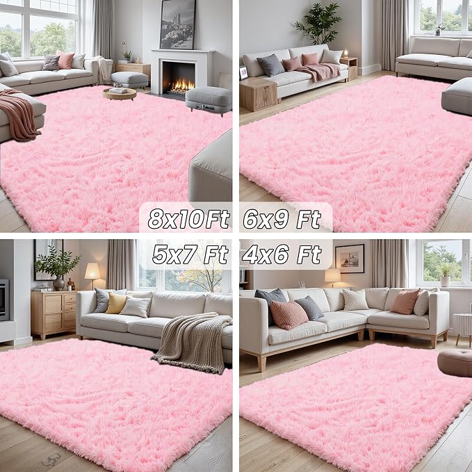8x10 Area Rugs for Living Room Rug: Soft Fluffy Shag Light Pink Rugs for Bedroom, Non-Slip Large Fuzzy Plush Rug Indoor Floor Carpet for Nursery Kids Boys Girl Room, Dorms, Playroom, Modern Home Decor
