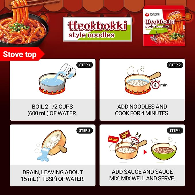 Nongshim Tteokbokki Style Noodles, Sweet & Spicy Korean Ramen, 10 Pack | Tteokbokki-style instant noodles with gochujang-inspired sauce, garlic-red pepper notes, chewy texture