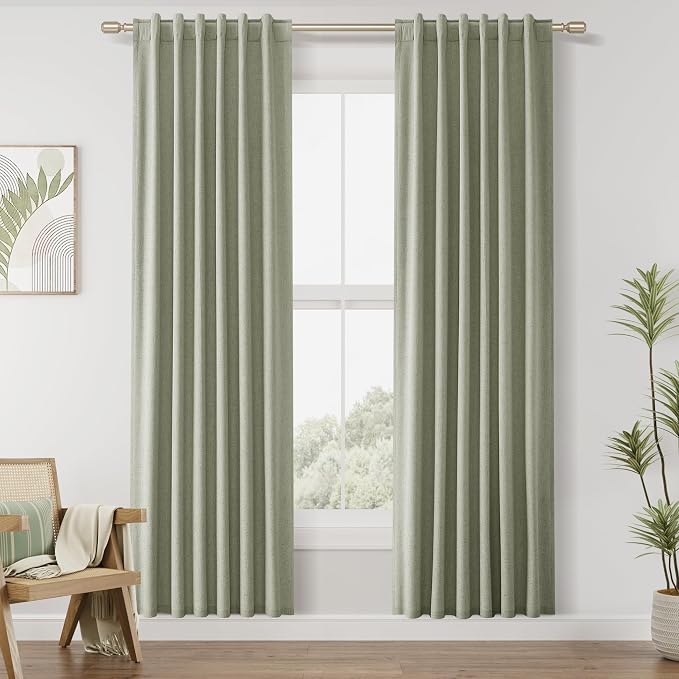 Guken 100% Blackout Linen Curtains 42 Inch Wide by 96 Inch 2 Panels Set for Living Room Bedroom Back Tab Thermal Insulated Black Out Linen Drapes Room Darkening Window Curtains, Sage Green
