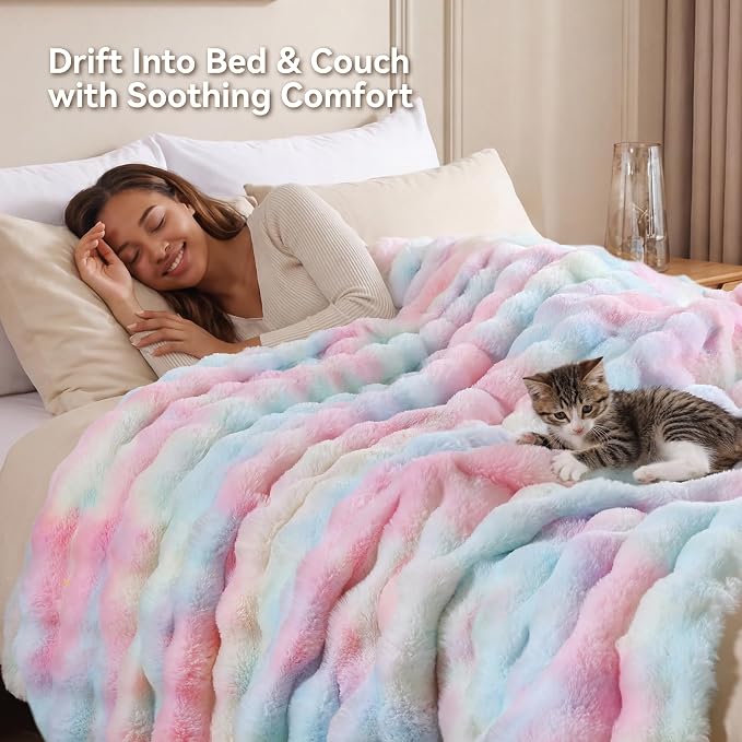 Faux Rabbit Fur Throw for Couch - Rainbow Bubble Blanket 60"x80" | Fluffy Plush Fuzzy Colorful Throw for Sofa & Bed, Super Soft Cozy Comfrt Blanket, Luxury Rainbow Decor Gift for Women