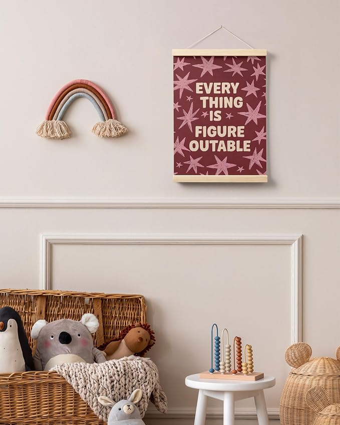 FGFK Everything Is Figureoutable Inspirational Wall Art Poster Hanger Frame, Retro Red and Pink Star Positive Affirmations Canvas Prints Framed Wall Decor for Home Classroom Office, 12x16 Inch