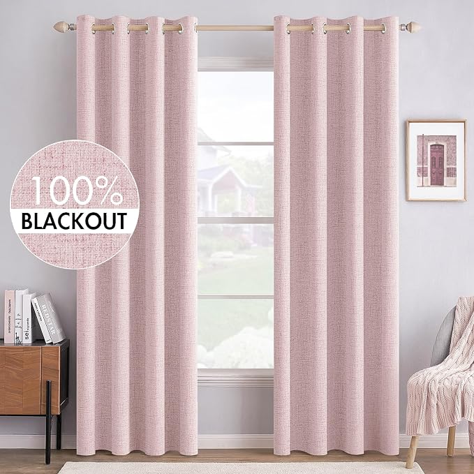 MIULEE Linen Texture 90 Inches Curtains for Bedroom 100% Blackout Thermal Insulated Pink Curtains Grommet Room Darkening Curtains/Draperies for Living Room 52x90 Inch (2 Panels)