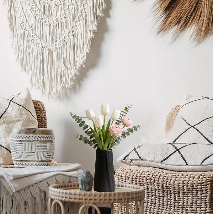 7.8''H Ceramic Vase, Pampas Grass Vase, Ribbed Modern Decor, Matte Black | Nordic Minimalist Flower Vase, Black Home Office Decor Vases, For Living Room, Dining Table, Bedroom, Kitchen Shelf