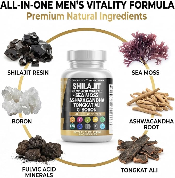 Clean Nutraceuticals Shilajit Supplement for Men with Sea Moss, Tongkat Ali, Ashwagandha, Boron, Zinc, CoQ10, PQQ - Fulvic Acid Capsules - Energy Support - 90 Count - Resin, Gummy & Powder Alternative