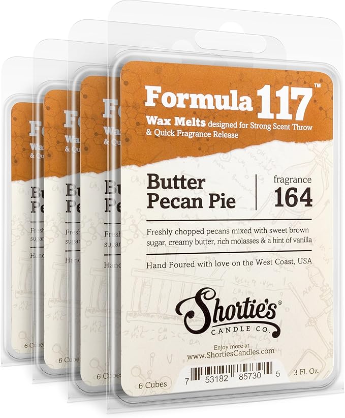 Shortie's Candle Company Butter Pecan Pie Premium Wax Melts 4 Pack - 12 Oz., Strong & Long Lasting, Non-Toxic - Made with Essential & Natural Oils - Formula 117