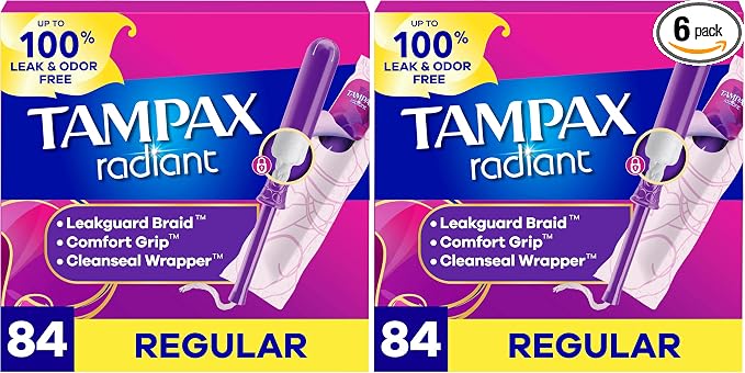 Tampax Radiant Tampons for Women,with LeakGuard Braid,Regular Absorbency,Unscented,84 Count (Pack of 2)