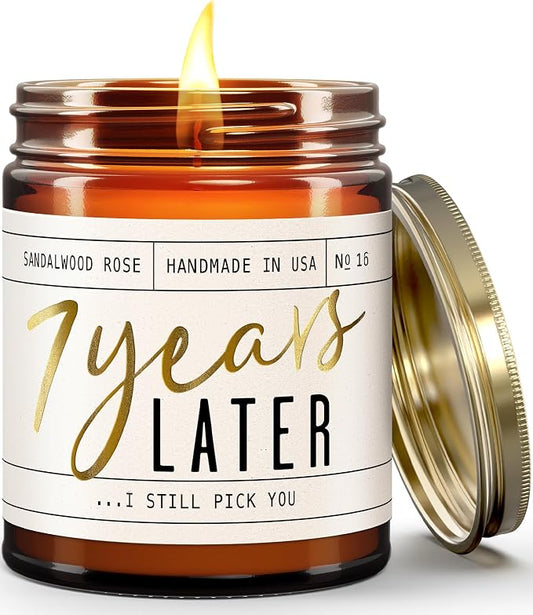 7 Year Gift for Anniversary for Her - '7 Years Later' Soy Candle, w/Sandalwood Rose - Infused w/Essential Oils I 7th Anniversary Wedding Gift for Wife I 50Hr Burn I USA Made