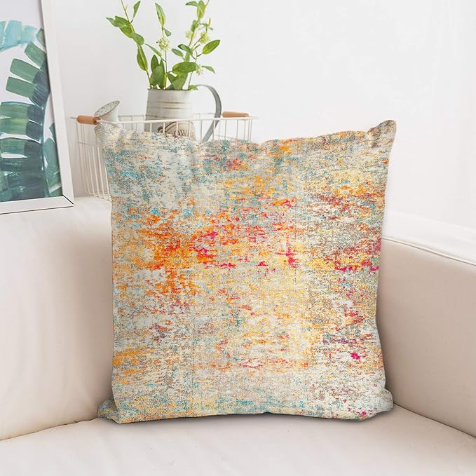 Boho Floral Throw Pillow Covers 16x16 inch Set of 2,Cream Boho Rug Geometric Floral Pattern Decor Double Sided Pattern Cushion Cover Soft Pillow Case Living Sofa Room Bed Square Pillow Cover