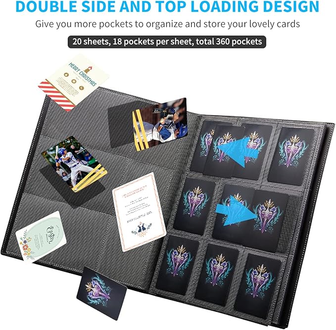 Card Binder, 360 Pockets Upgraded Trading Card Binders, Cards Collection Binder 9 Pocket, Side Loading Yugioh Binder Book Holder for MTG, TCG, Sport, Football, Baseball Collector Cards - Black