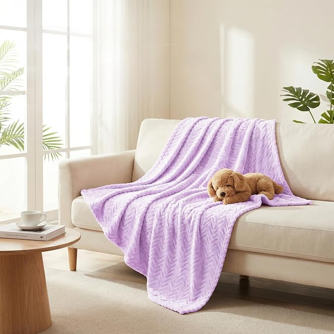 Exclusivo Mezcla Soft Fleece Blanket King Size for Bed, Sofa, Lilac Purple | 90"x104" Breathable Lightweight Flannel Blanket for Summer, Plush Cozy Jacquard Wave for Home Decor