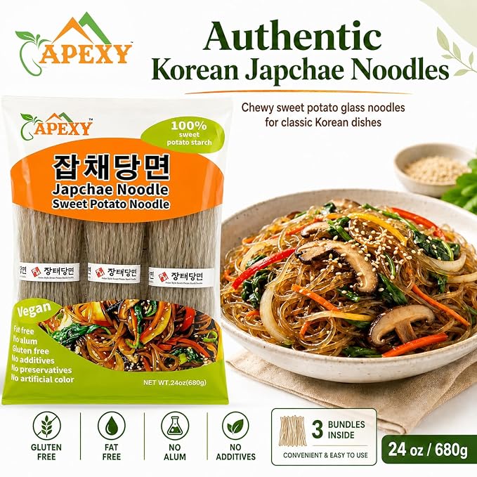 APEXY Sweet Potato Glass Noodles, Japchae Noodles, Korean Vermicelli Pasta, Fat-free and Gluten-free, 100% Sweet Potato Starch, No Additive, No Alum inside, 24oz (680g) (Pack of 2)