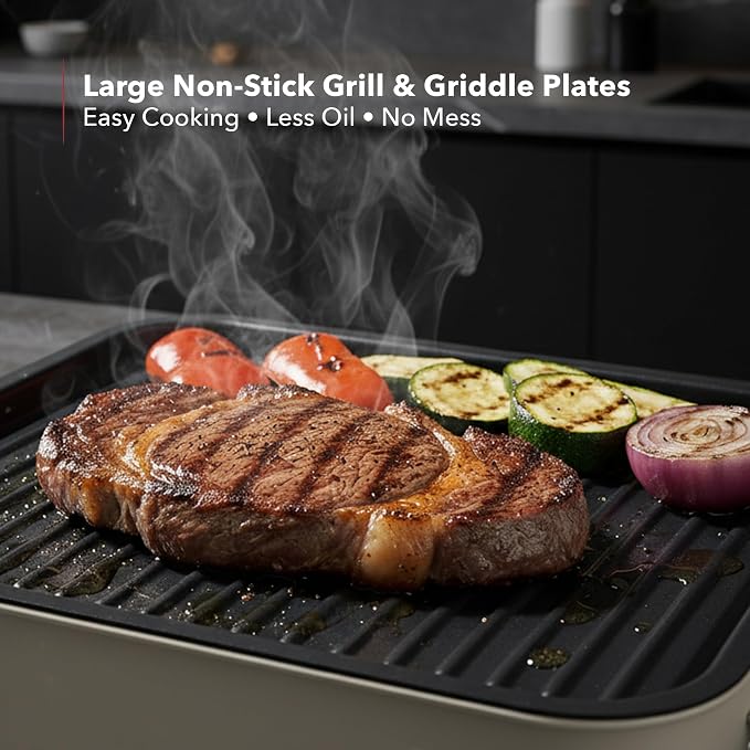 OVENTE 2-in-1 Electric Indoor Grill Non-Stick Cooking Plate, Beige BQR1502B | 1500W Smokeless Korean BBQ Griddle with, 3 Raclette Cheese Pans, Adjustable Temperature Control, Dishwasher Safe
