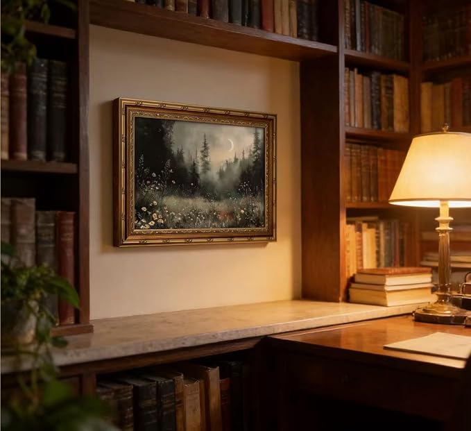 Vintage Gold Framed Moonlit Forest Wall Art Crescent Moon Forest Wildflower Gothic Canvas Print Dark Moody Moon Botanical Flowers Wall Decor Rustic Nature Night Landscape Poster Artwork for Offices