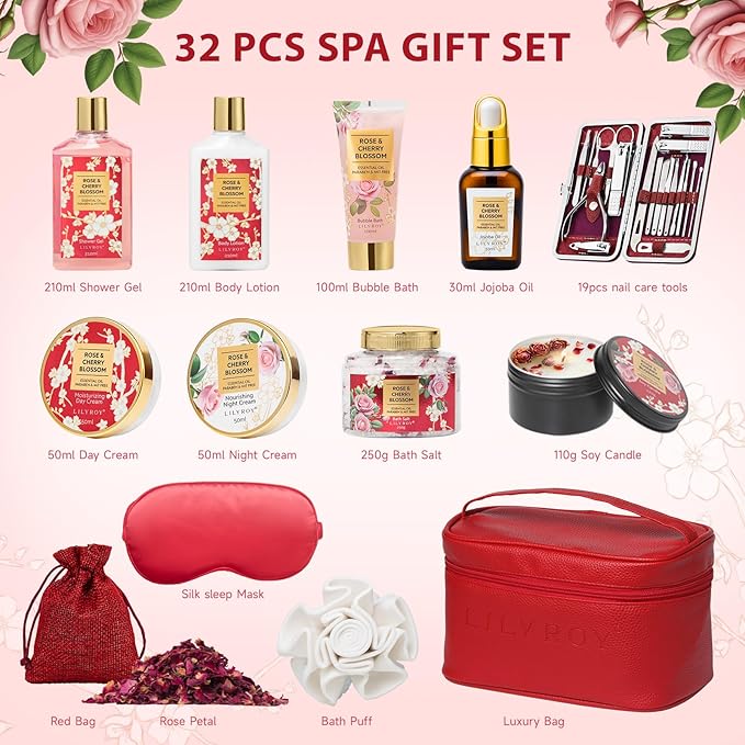 Mothers Day Gifts for Mom, Gifts for Women, Spa Gift Set for Women - Rose Bath and Body Gift Set Beauty Care Spa Kit with Shower Gel | Bath Kit, Valentines Day, Birthday, Christmas Gift for Mom