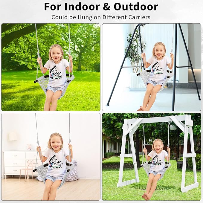Hi-Na Tree Swing for Kids, Adjustable Toddler Rope Swing Seat with Snap Hooks and Straps, 440 lbs Capacity, Swingset Accessories for Indoor Porch Doorway Outdoor Playground Backyard (Gray)