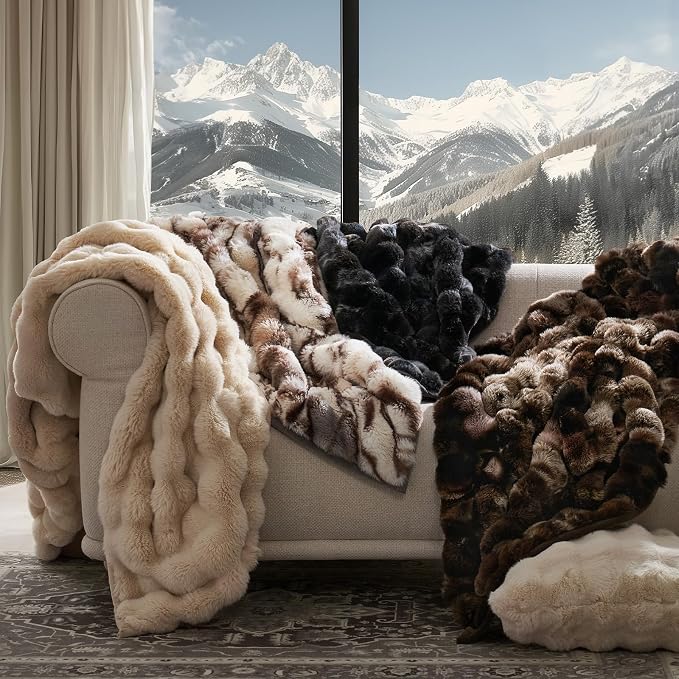 Faux Rabbit Fur Bubble Throw Blanket, 60"x80", Beige & Gray | Ultra Soft, Luxury Faux Rabbit Fur Throw, Thick Warm Bubble Blanket, Cozy Fluffy Reversible, for Bed, Couch, Chair, Sofa