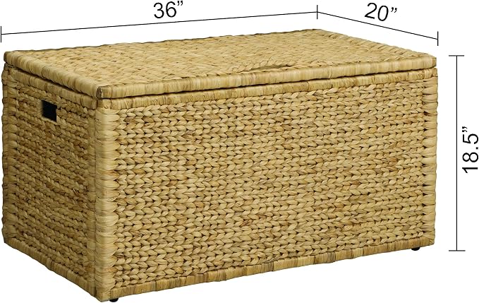 Water Hyacinth Blanket Storage Trunk, Natural, 36 x 20 x 18.5 | Metal Frame, 2 Safety Hinges, Wicker Decorative Storage Chest, Living Room Organization