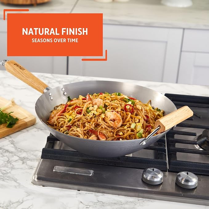 IMUSA 14 Inch Carbon Steel Wok with Wood Handles for Noodles | Natural Nonstick Surface, Cool Touch and Helper Handles, Lightweight Flat Base, Ideal for Stir-Frying and Asian Dishes