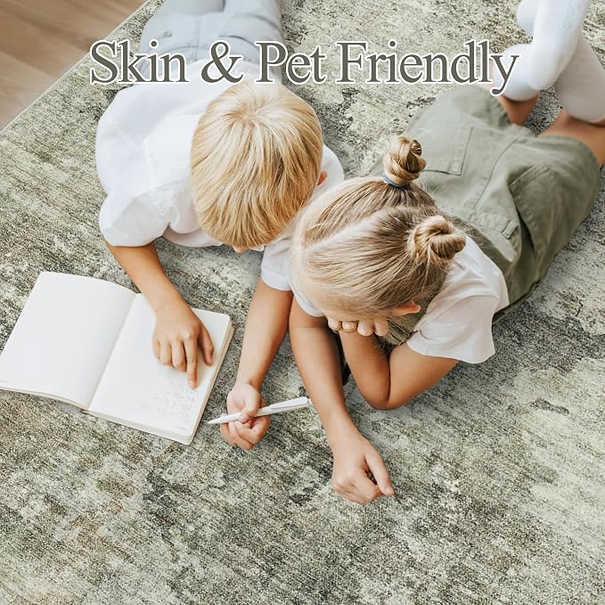 Soalmost Abstract Area Rug 6x9 for Living Room Washable Rugs Green Black | Non-Slip Low-Pile Carpet for Dining Bedroom, Foldable Thin Vintage Stain Resistant Floor Mat Under Table Home Office Nursery