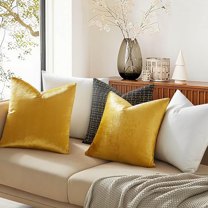 24x24 Pillow Covers Decorative Velvet Throw Pillow Covers Set of 2,Golden | JUSPURBET Luxury Cushion Covers with Invisible Zipper for Modern Couch Sofa Bed Living Room Bedroom Home Decor