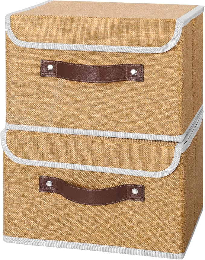 ANMINY Fabric Storage Box Bins with Lids, Khaki, 10"x8"x7", 2 Pack | Keepsake Memory Storage, Cotton Linen, PP Board Reinforced, Washable, PU Handles, Foldable & Stackable, Decorative, Small