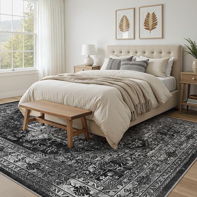 UERMEI 6x9 Area Rug Living Room Rugs - Washable Vintage Soft Large Rug Indoor Floor No Slip Rug Carpet for Bedroom Farmhouse Under Dining Table Home Office Decor - Black