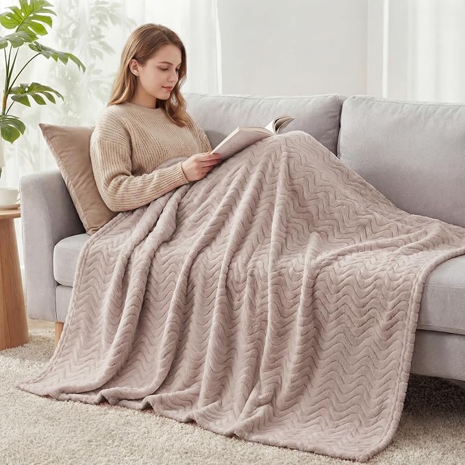 Exclusivo Mezcla Soft Fleece Blanket Twin Size for Bed, Sofa, Camel | 90"x66" Breathable Lightweight Flannel Blanket for Summer, Plush Cozy Jacquard Wave for Home Decor