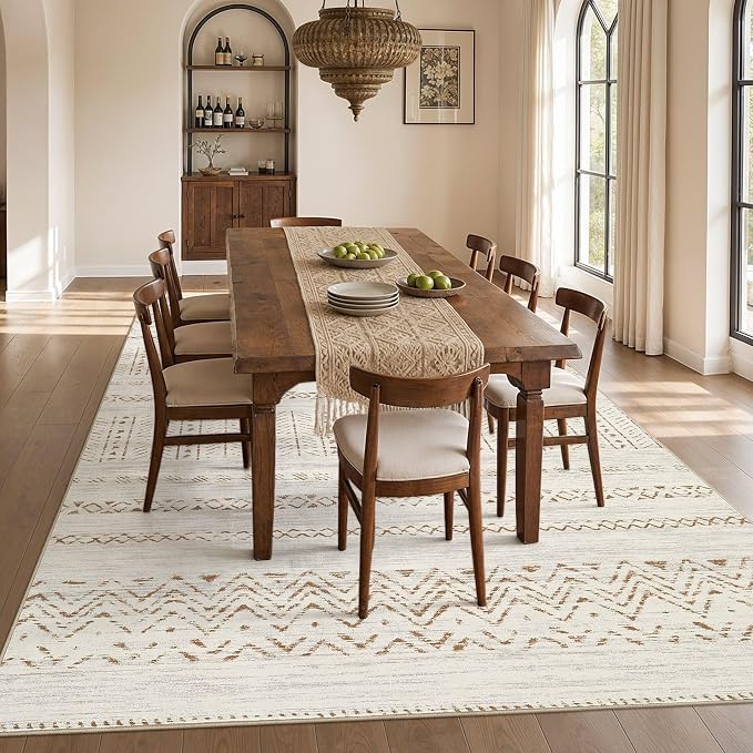 cotiled 5x8 Area Rugs Living Room Rug: Washable Boho Rugs with Non Slip Backing Large Soft Indoor Stain Resistant Carpet for Bedroom Farmhouse Dining Room Lightweight Home Decor Brown/Cream