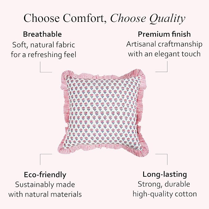 CPC Pink Sapphire Ruffle Throw Pillow Covers for Couch, 24x24 Inch Cotton Stripe Ruffle Couch Pillows for Living Room, Hidden 20 Inch Zipper Boho Pillow Case or Cute Outdoor Pillows