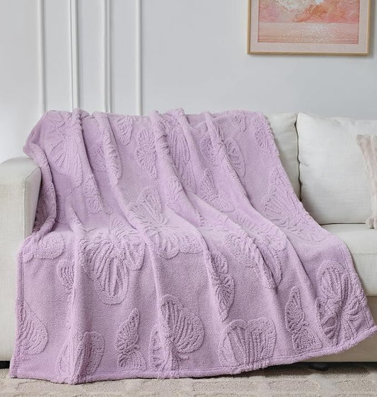 Lavender Butterfly Plush Throw Blanket 50 x 60 Inch, Soft Fuzzy Fleece, Cozy Decorative Blanket for Couch, Sofa, Bed and Bedroom