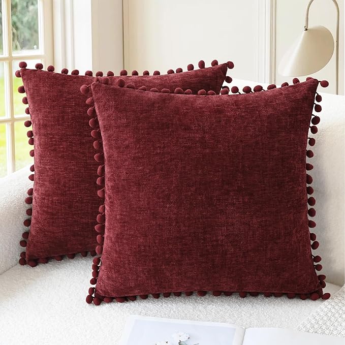 CaliTime Decorative Couch Throw Pillow Covers 20 X 20 Inches Burgundy | Pack of 2, Cozy Chenille Cushion Cases, with Pom Poms for Sofa Bed Living Room Farmhouse Home