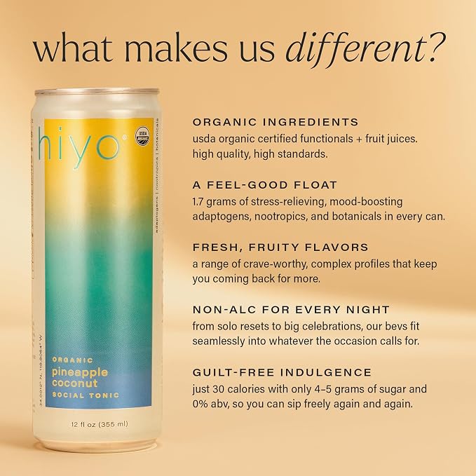 Hiyo Organic Social Tonic – Pineapple Coconut, 12 Pack - Non-Alcoholic Functional Seltzer, Flavored Sparkling Water Crafted with Organic Adaptogens, Nootropics & Botanicals