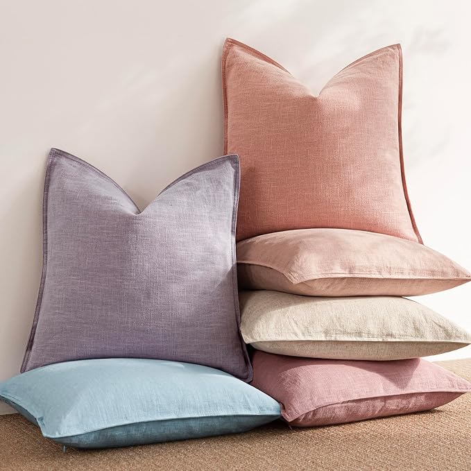 Foindtower Pack of 2, Decorative Linen Solid Throw Pillow Covers Soft Accent Euro Cushion Case Boho Farmhouse Pillowcase for Chair Couch Sofa Bedroom Living Room Home Decor 26 x 26 Inch Coral Pink