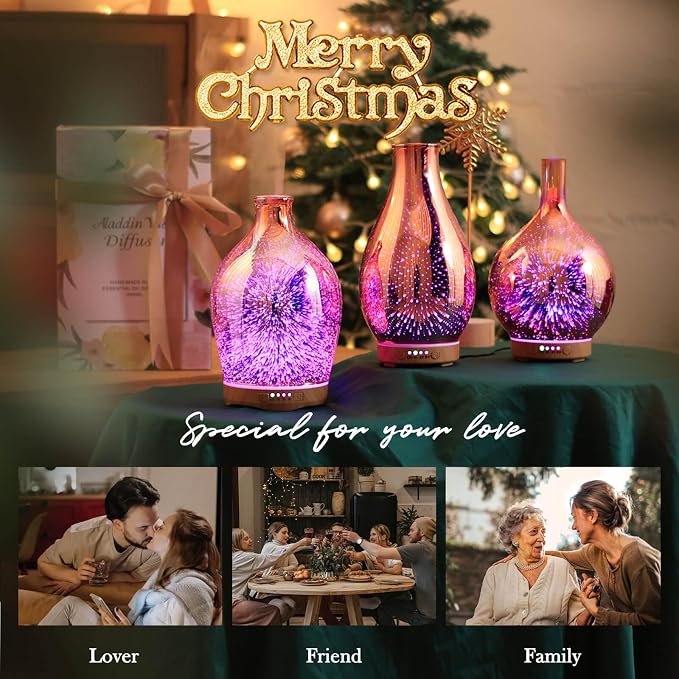 Porseme Essential Oil Diffuser 3D Glass Aromatherapy Ultrasonic Humidifier Cool Mist, Auto Shut-Off, Timer Setting, BPA Free for Home Office Hotel Yoga Gym Leisure SPA Gift 100ml
