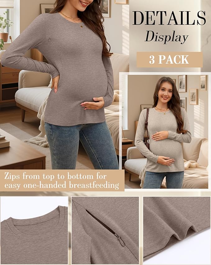 3 Pack Nursing Tops for Breastfeeding Maternity Shirts Zipper Long Sleeve Round Neck Knit Casual Nursing Clothes