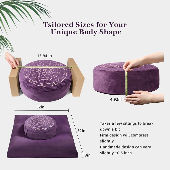 ellier Zafu & Zabuton Meditation Cushion Set - Buckwheat Hull & Memory Foam Pillows, Ergonomic Support for Yoga, Mindfulness - Organic Velvet Cover, Large Size, Purple