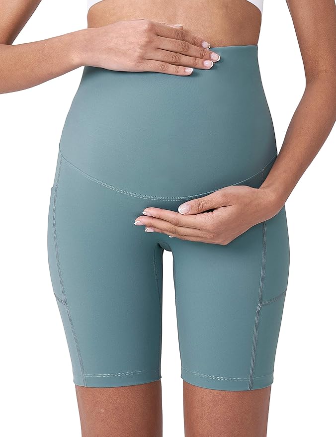 POSHDIVAH Women's Maternity Yoga Shorts Over The Belly Bump Summer Workout Running Active Short Pants with Pockets 5"/8"