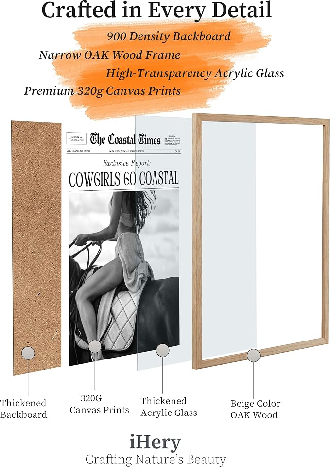 iHery 8x10in Cowgirls Go Coastal Framed Newspaper Wall Art | Natural OAK Wood Frame with Canvas Print, Western Horseback Decor for Bedroom, Dorm, Living Room and Gallery Wall, 1Pack