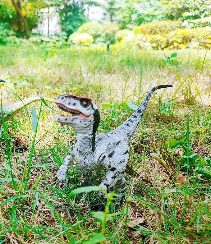 Dinosaur Toy Velociraptor Figurine with Moving Jaw and Hands,Detail Raptor Action Figure Toy Gift and Dinos World Collection Toys for Birthday Gift,Kids Toys,Party Favor(Grey)