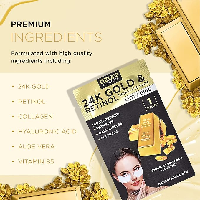Azure Cosmetics 24K Gold & Retinol Anti Aging Under Eye Patches - Firming, Restoring & Deeply Hydrating Eye Mask - Reduces Fine Lines, Wrinkles, Dark Circles & Puffiness - Made in Korea, 5 Pairs